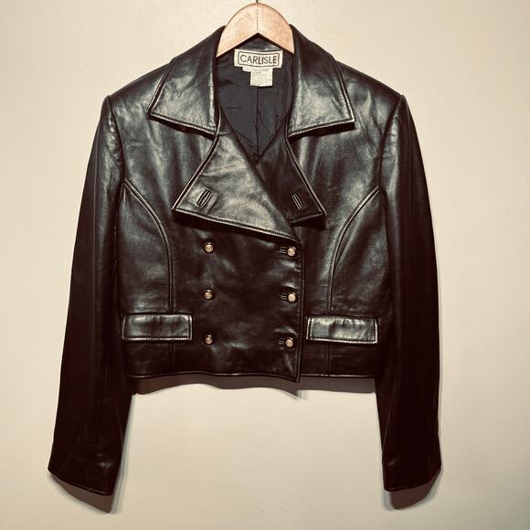 Carlisle VTG Jacket Black Leather Biker Moto Military Cropped Double Breasted 12 - Picture 1 of 10